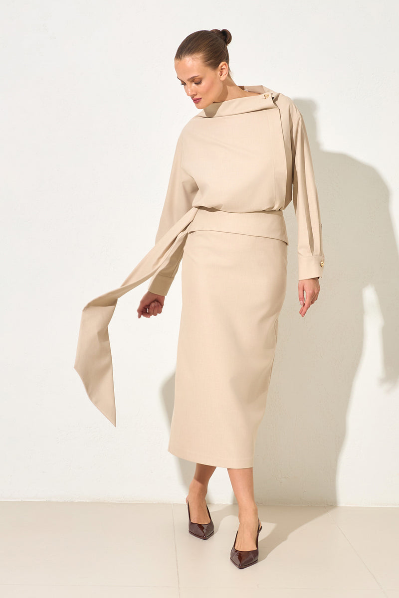 Setre Waist Detailed Midi Skirt Beige