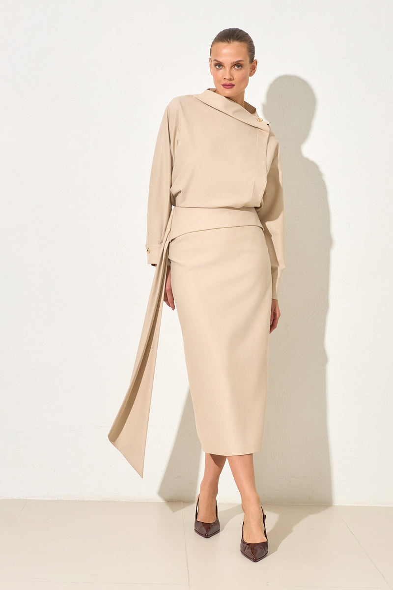 Setre Waist Detailed Midi Skirt Beige