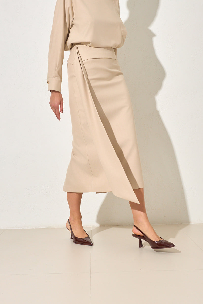 Setre Waist Detailed Midi Skirt Beige