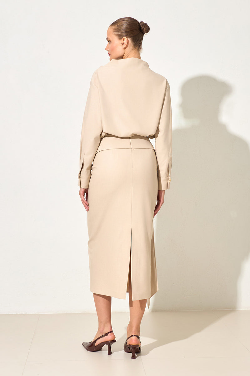 Setre Waist Detailed Midi Skirt Beige