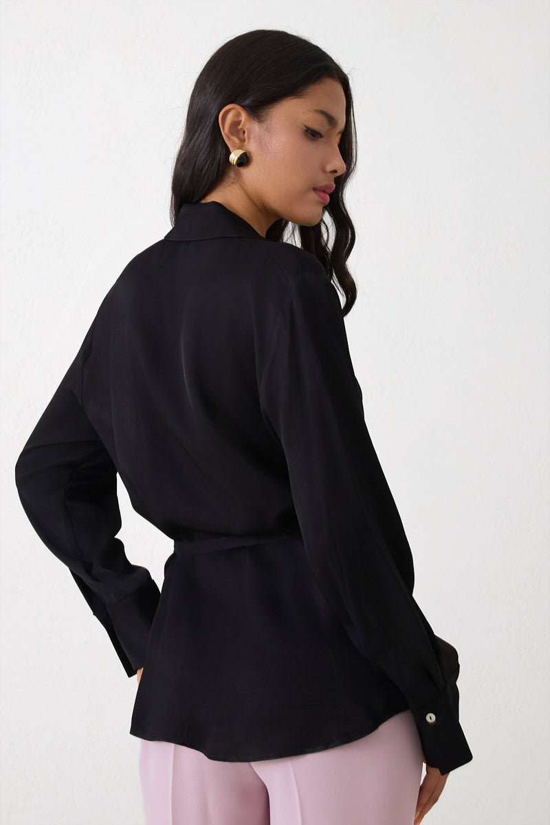 Setre Waist Belted Long Sleeve Shirt Black