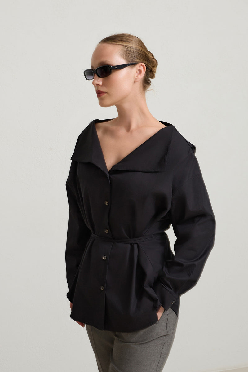 Setre Wide Collar With Tie Detail Shirt Black