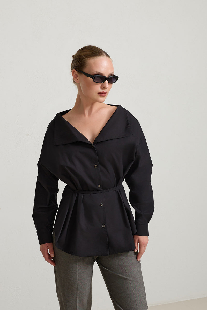 Setre Wide Collar With Tie Detail Shirt Black