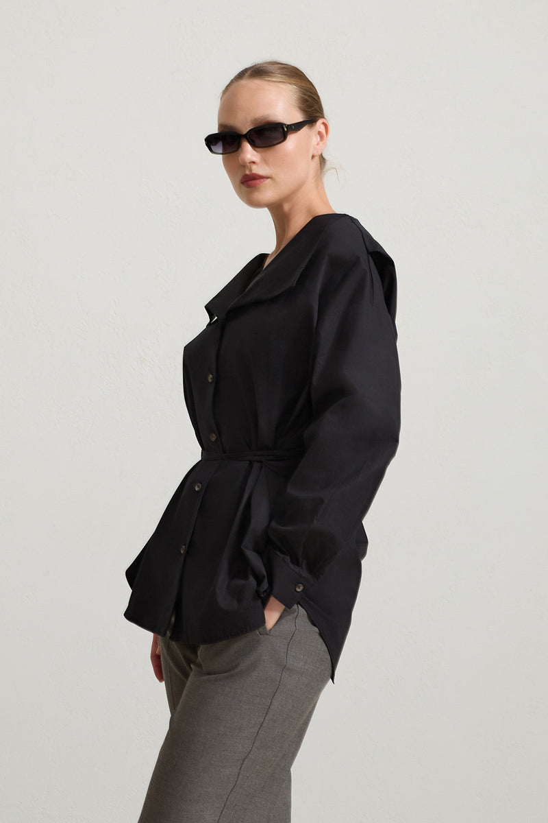 Setre Wide Collar With Tie Detail Shirt Black