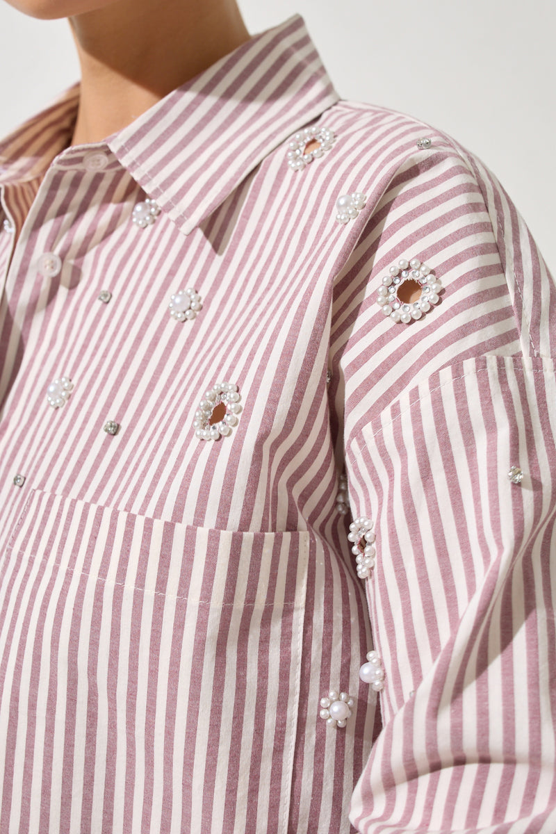 Setre Stripe And Pearl Detailed Shirt Burgundy/Offwhite