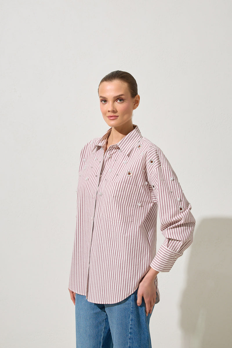 Setre Stripe And Pearl Detailed Shirt Burgundy/Offwhite