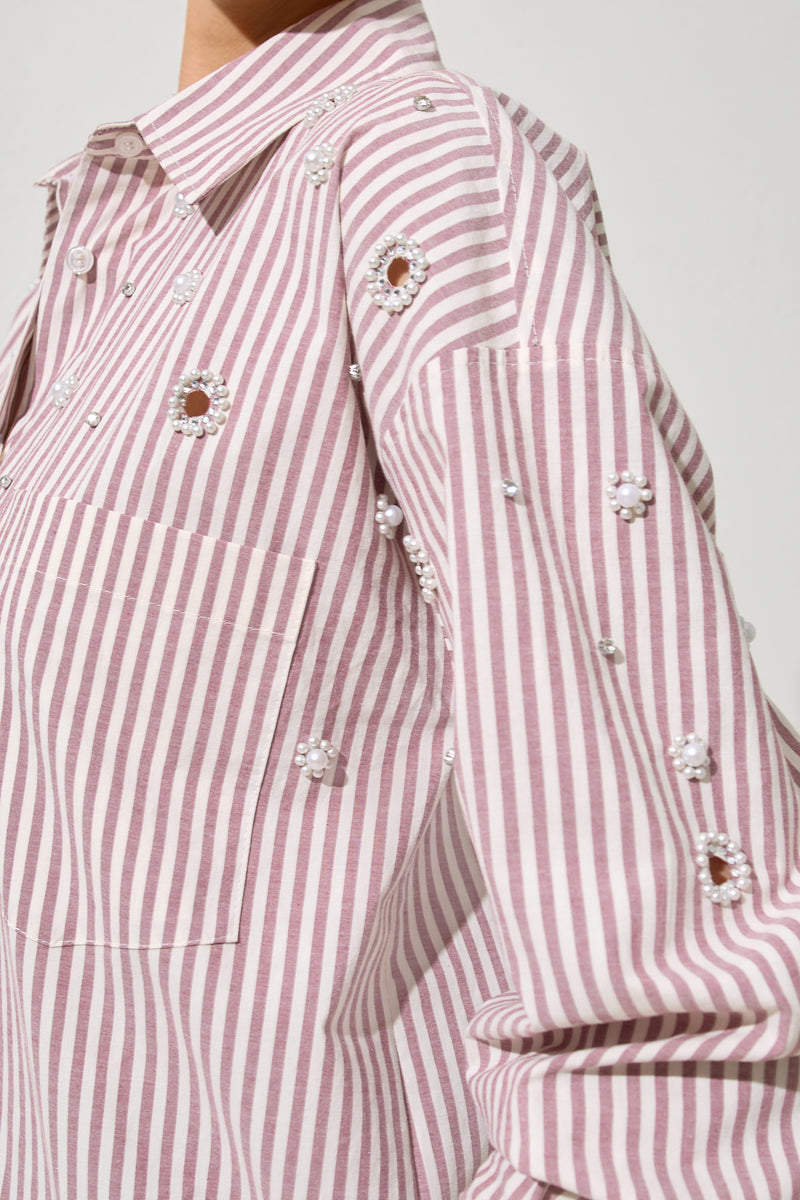 Setre Stripe And Pearl Detailed Shirt Burgundy/Offwhite