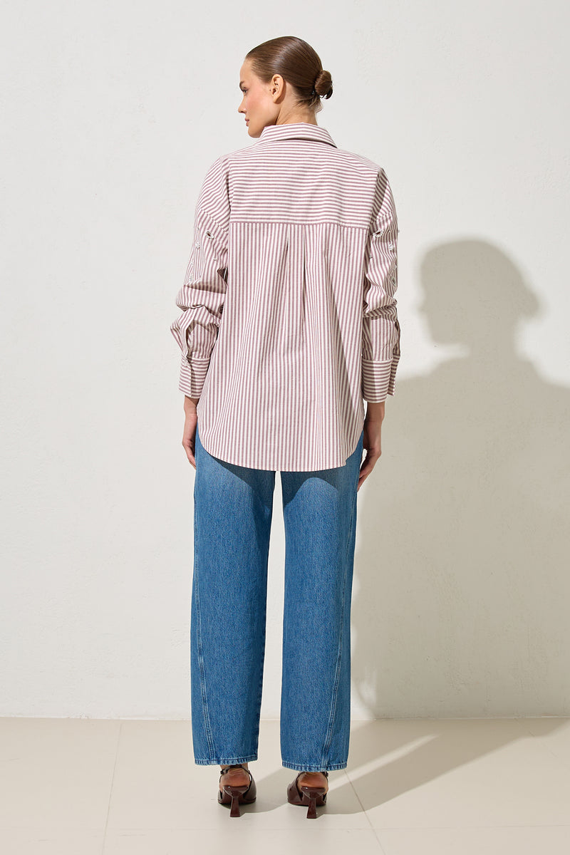 Setre Stripe And Pearl Detailed Shirt Burgundy/Offwhite