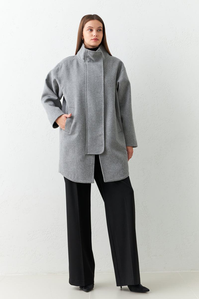 Setre Asymmetrical Neck Detailed Coat Grey