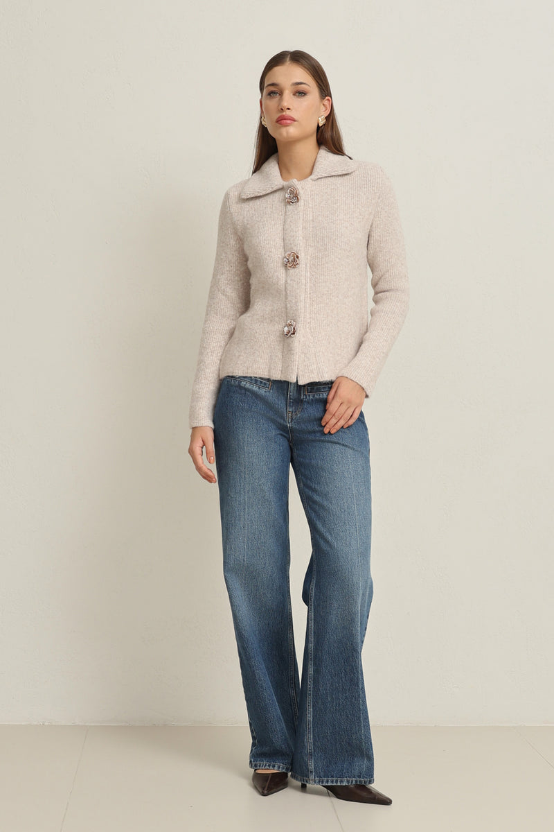 Setre Button And Collar Detailed Long Sleeve Knitwear Light Beige