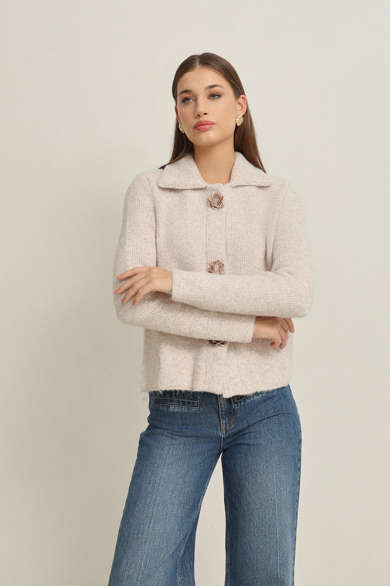 Setre Button And Collar Detailed Long Sleeve Knitwear Light Beige