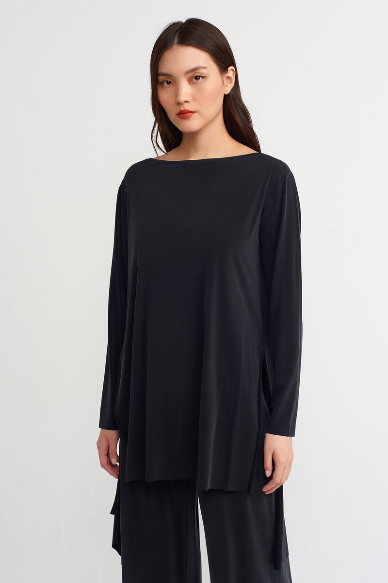 Nu Solid Asymmetric Long Blouse Black