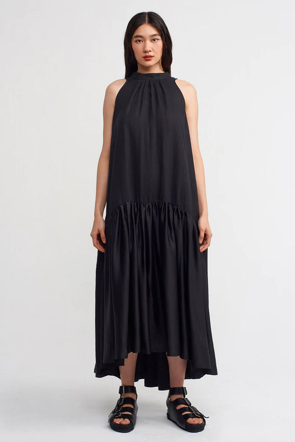 Nu Linen Mix Satin Halter Dress Black