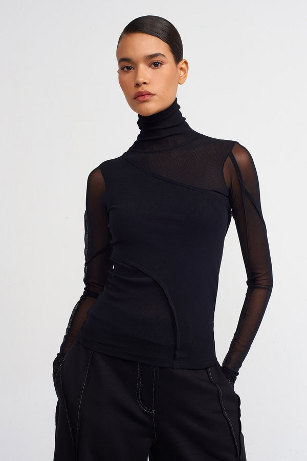 Nu Double-Layered High-Neck Mesh Bodysuit Black