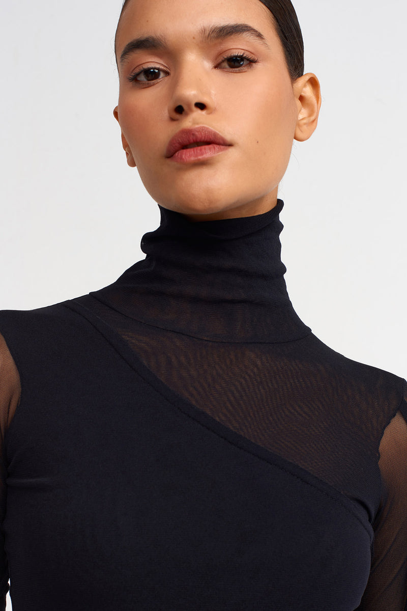 Nu Double-Layered High-Neck Mesh Bodysuit Black