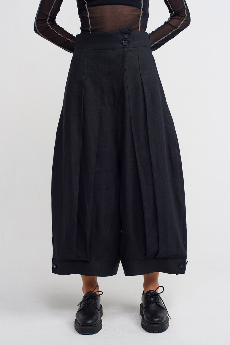 Nu Wrap Closure Wide-Leg Linen Trousers Black