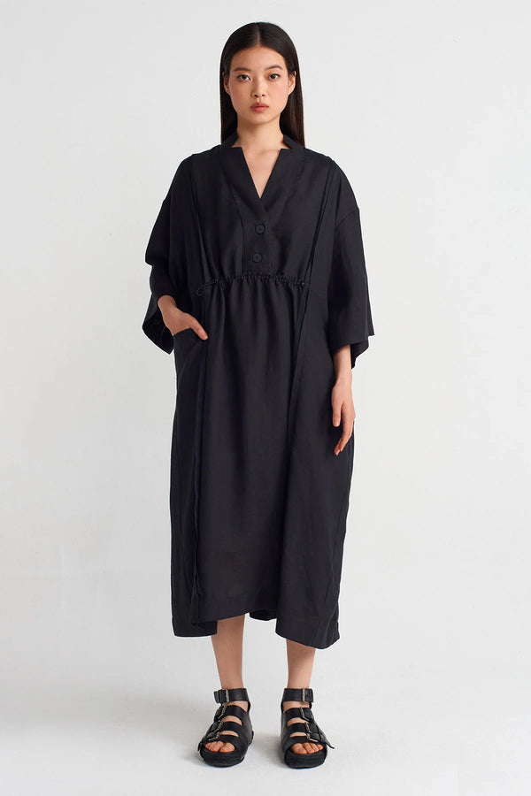 Nu V-Neck Midi Linen Dress Black