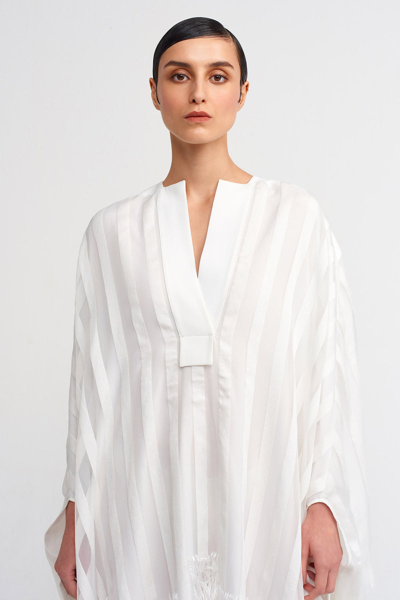 Nu Feathered Hem Long Kaftan Dress Off White