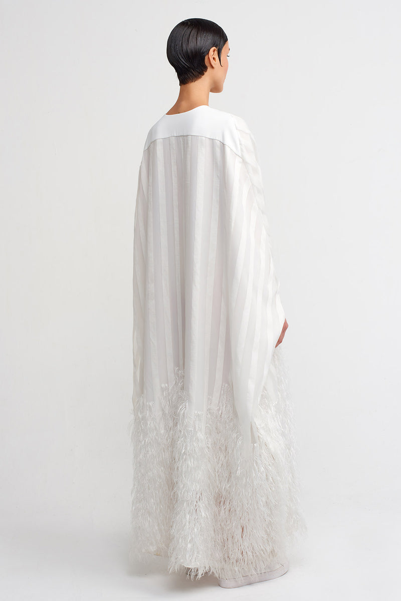 Nu Feathered Hem Long Kaftan Dress Off White