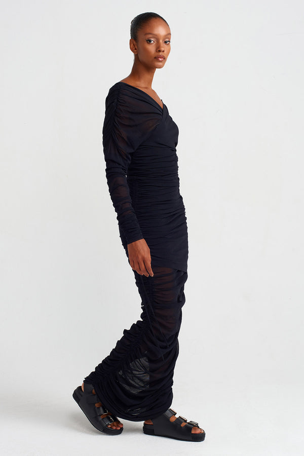 NU Wrap Collar Long Tulle Dress Black