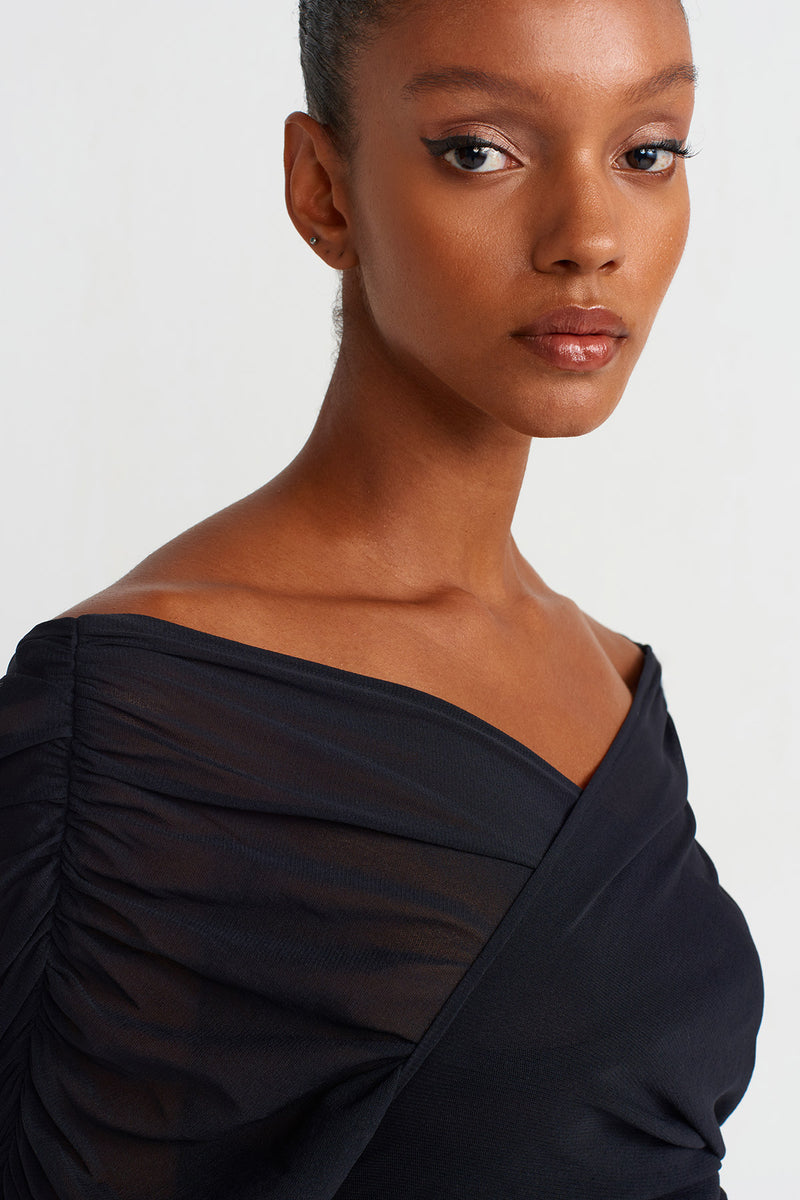 NU Wrap Collar Long Tulle Dress Black