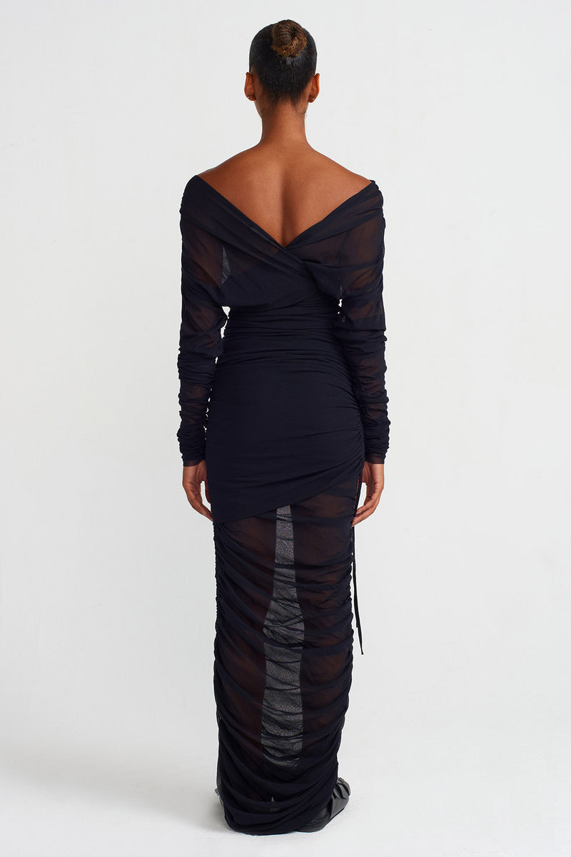 NU Wrap Collar Long Tulle Dress Black