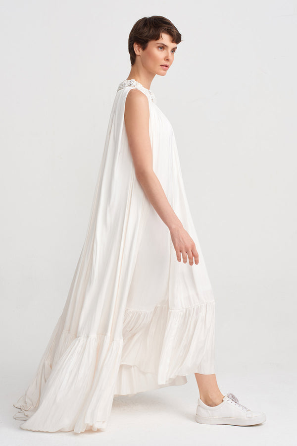 Nu Embroidered Collar, Long Elegant Dress Off White