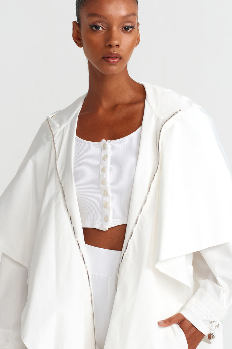 NU Hooded Long Raincoat Off White