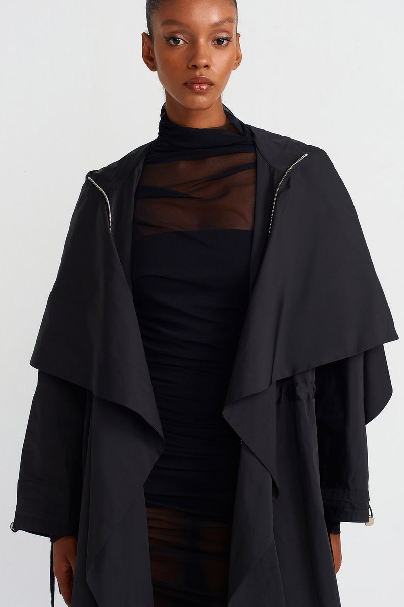 NU Hooded Long Raincoat Black