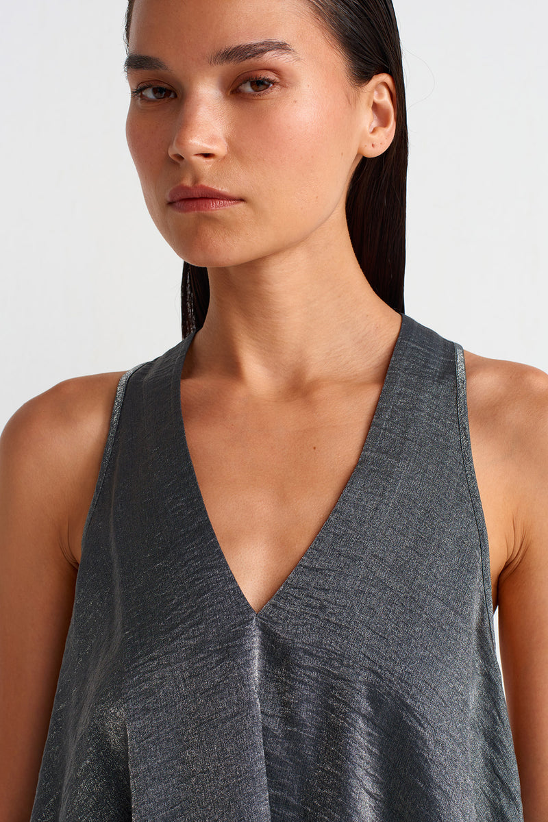 NU V-Neck Shiny Fabric, Stylish Blouse Grey