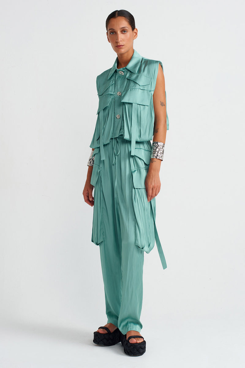 NU Silver Buttoned Pocket Satin Shirt Turquoise