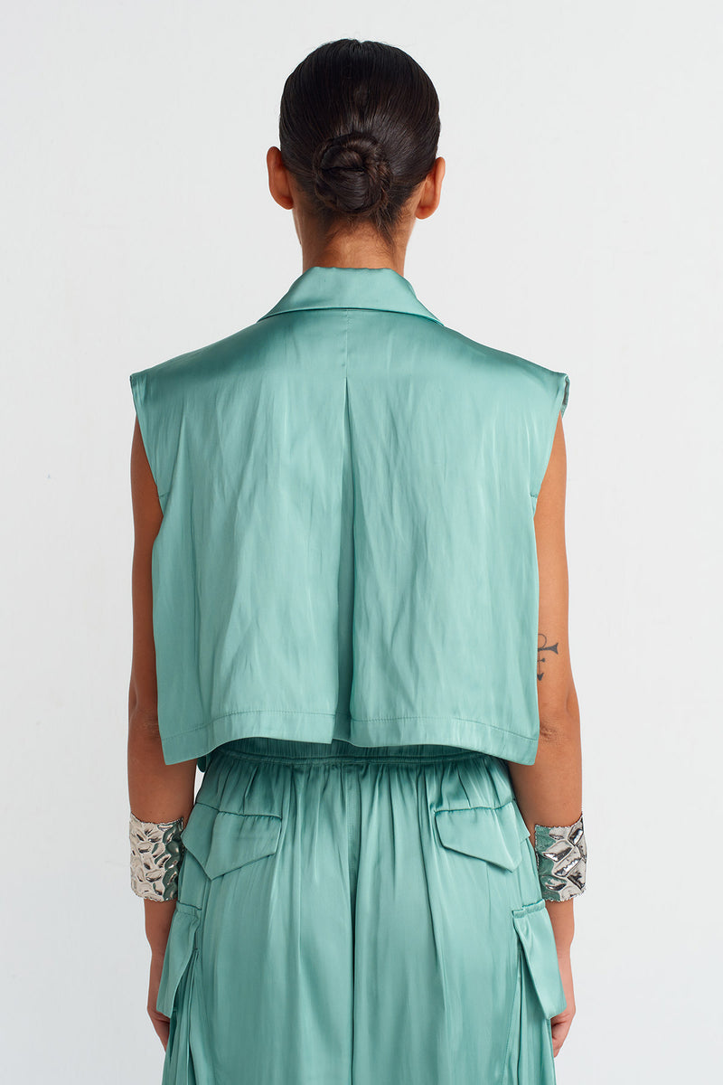 NU Silver Buttoned Pocket Satin Shirt Turquoise