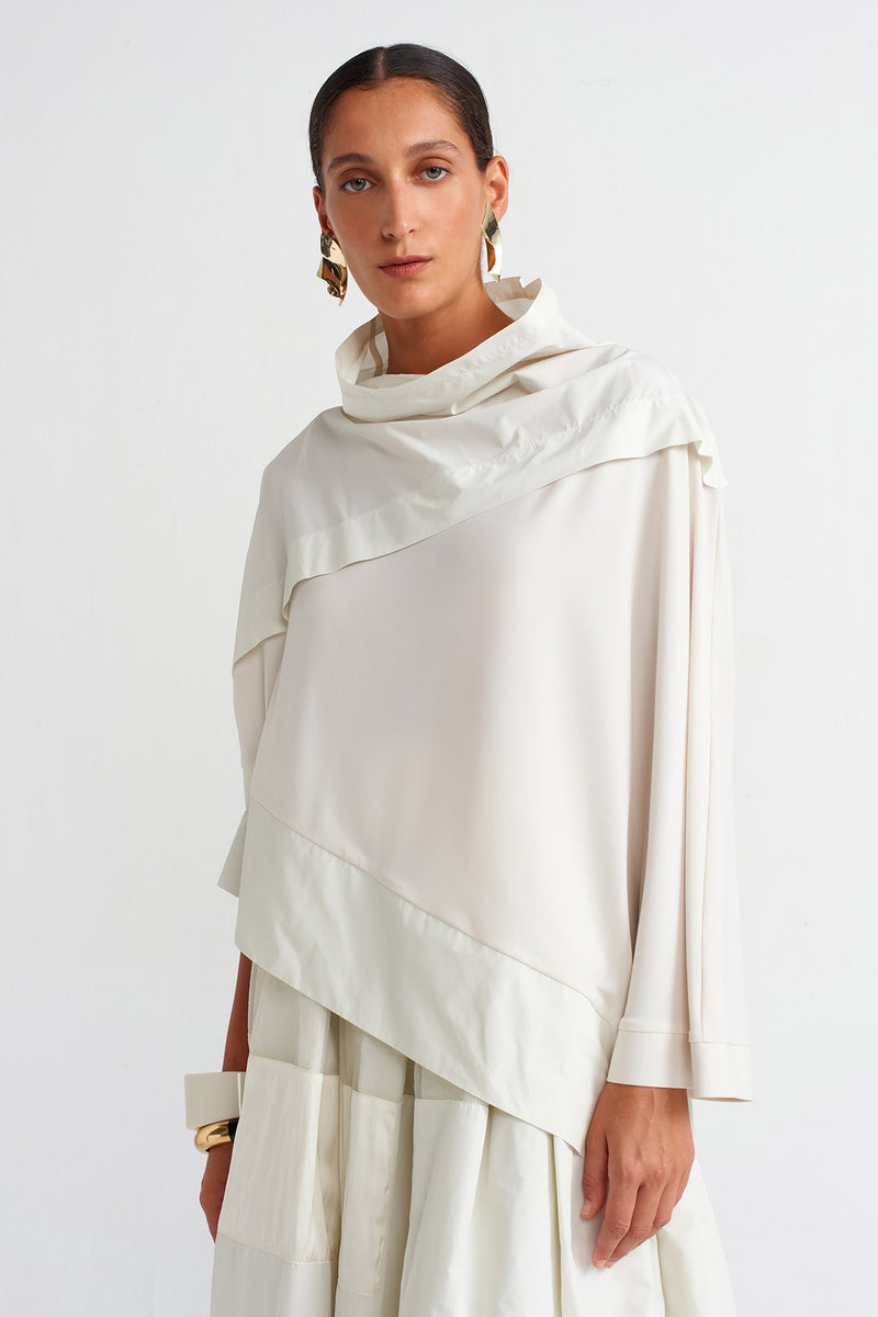 NU Organza And Taffeta Striped Asymmetrical Blouse Ecru