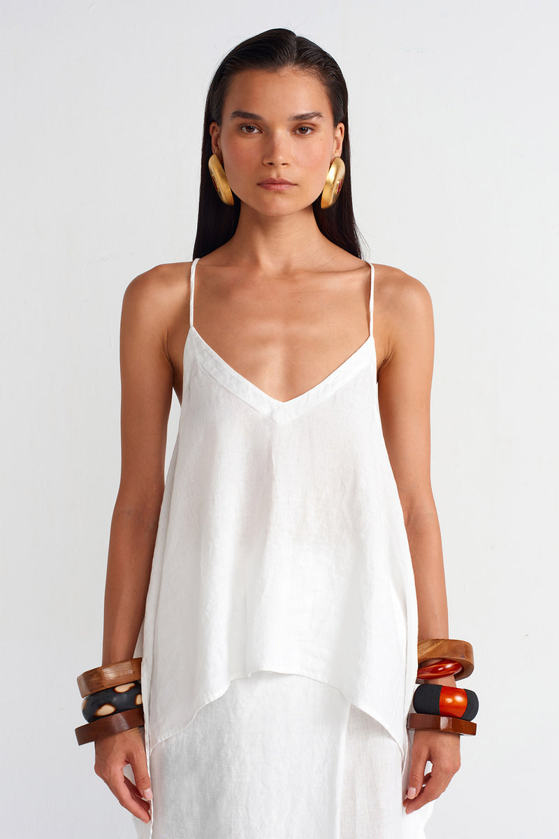 NU V Neck Thin Strap Linen Blouse Off White