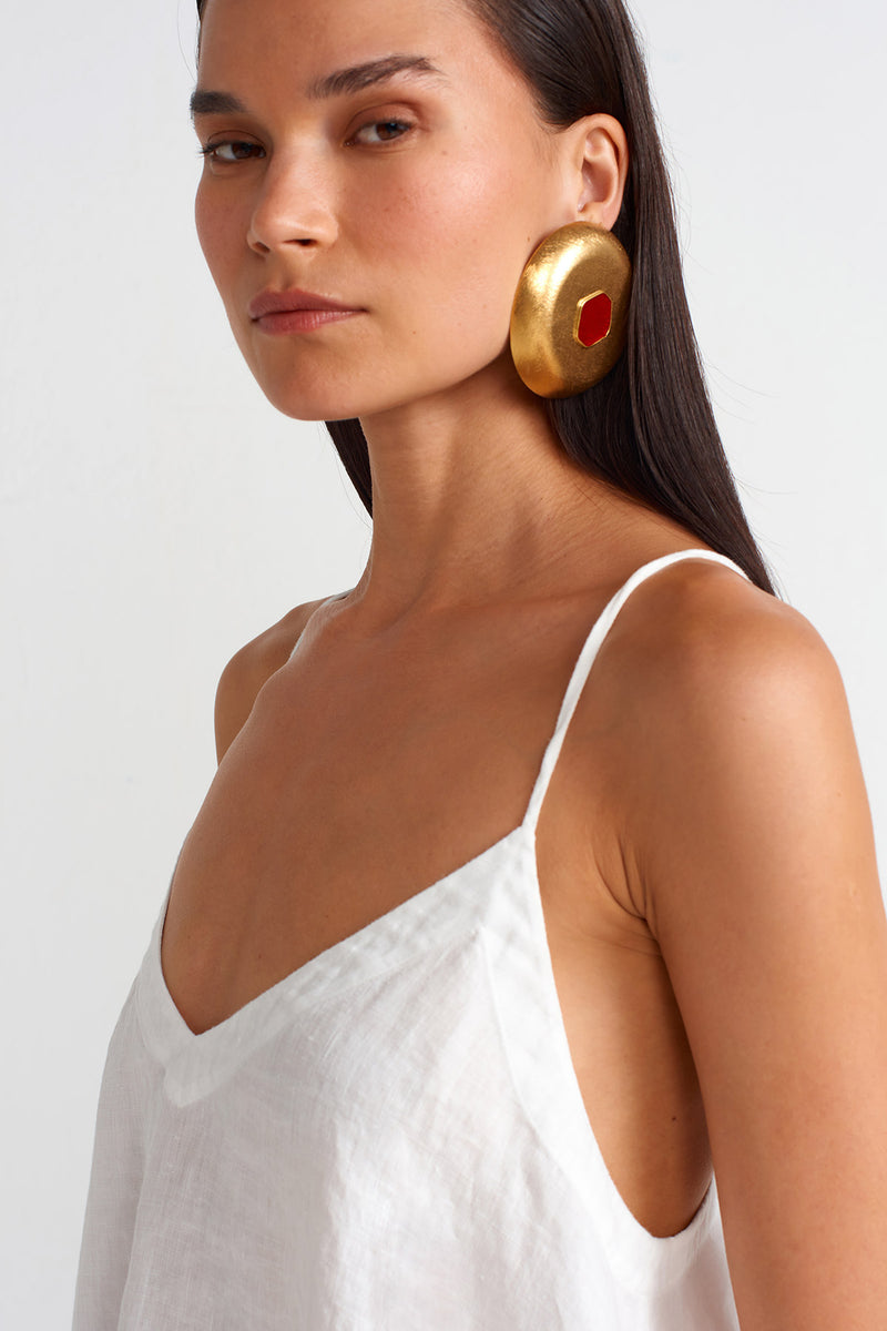 NU V Neck Thin Strap Linen Blouse Off White