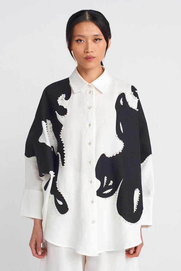 Nu Printed And Pearl Embellished Shirt Off White/Black