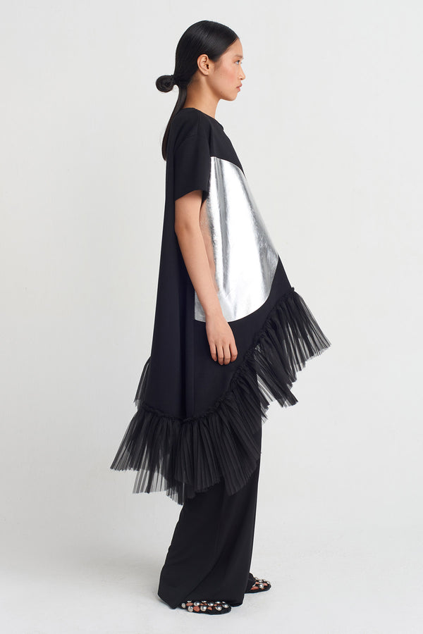 NU Pleated Hem, Printed Blouse Black - Silver