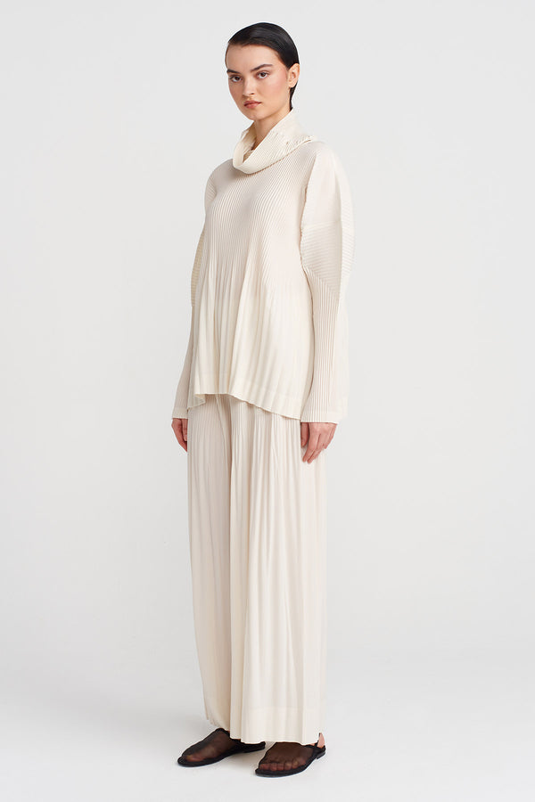 Nu Long-Sleeve Pleated Blouse Ecru