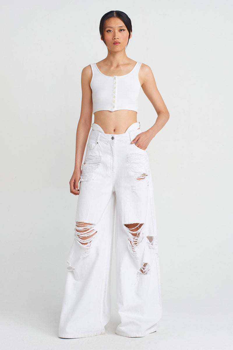 Nu Distressed Detail Denim Pants Off White