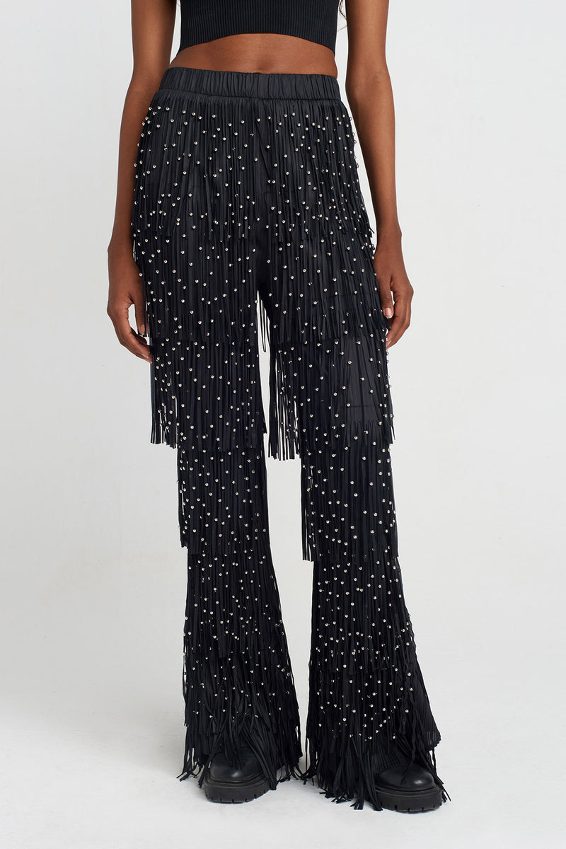 Nu Fringed Pleated Pants Black