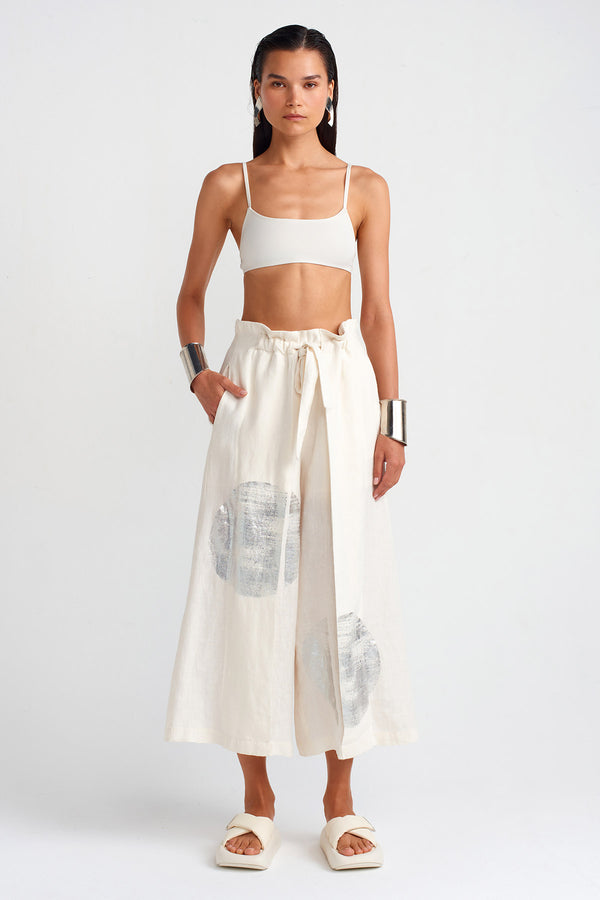 NU Silver Printed Linen Trousers Ecru
