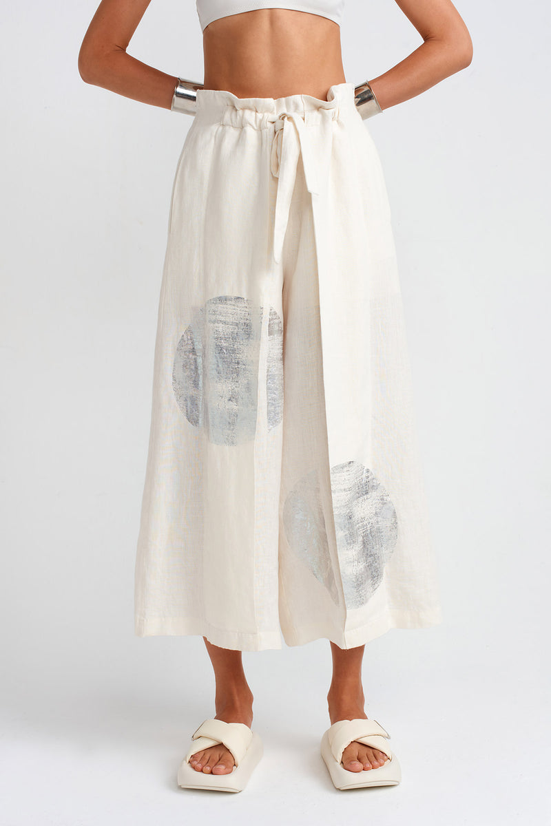 NU Silver Printed Linen Trousers Ecru