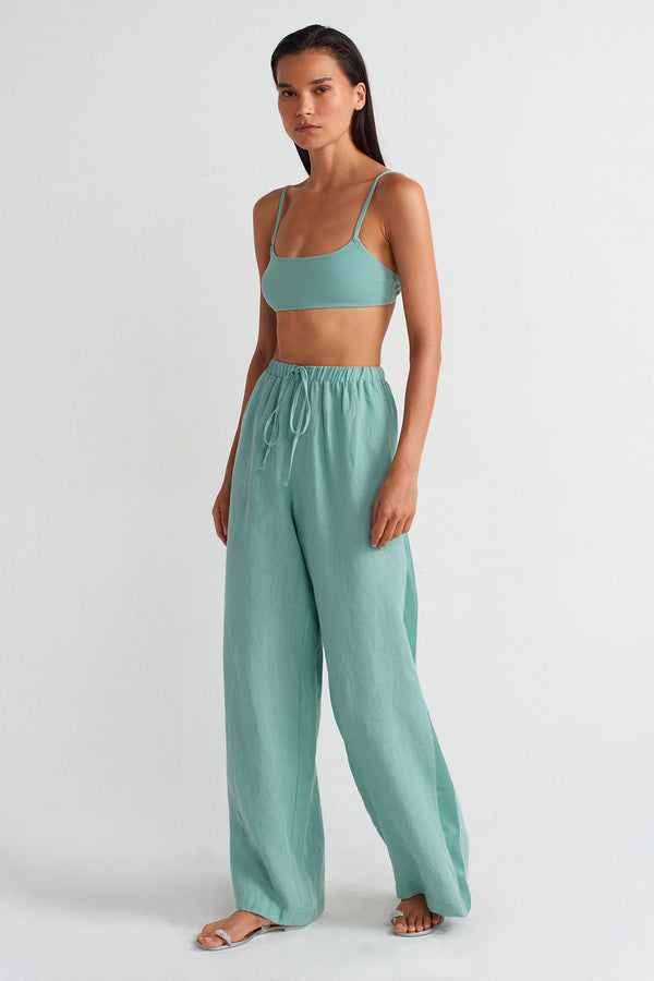 NU Linen Satin Stripe Pants Turquoise