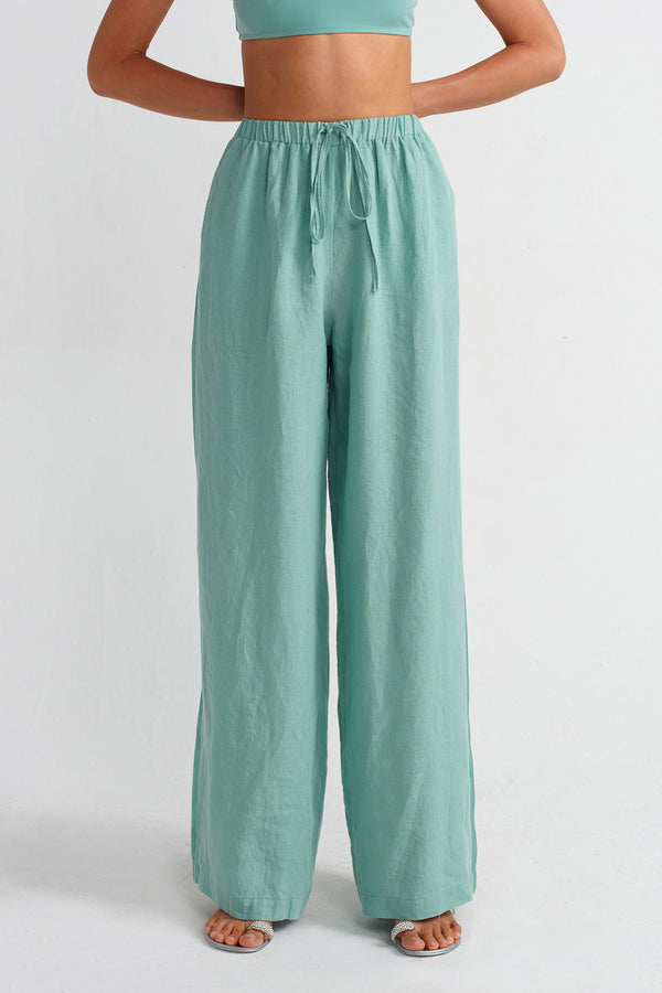 NU Linen Satin Stripe Pants Turquoise