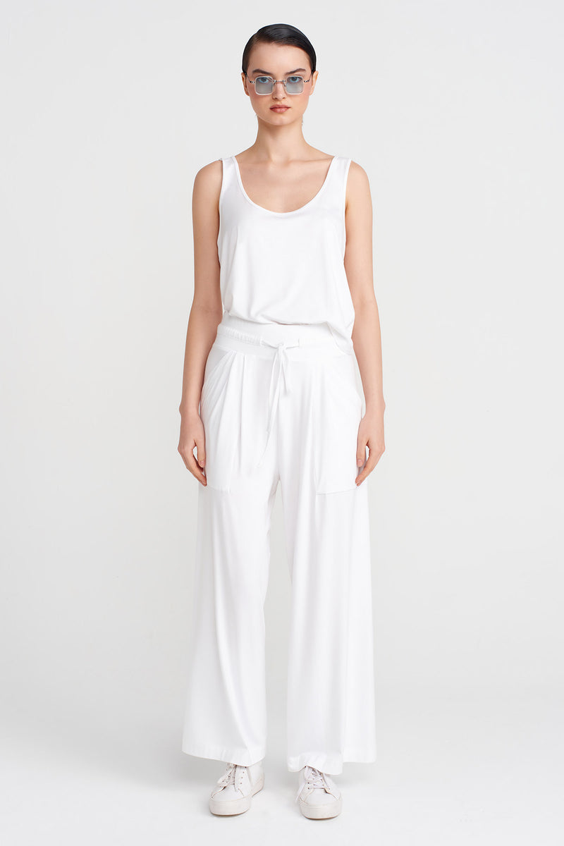 NU Drawstring High-Waisted Trousers Off White