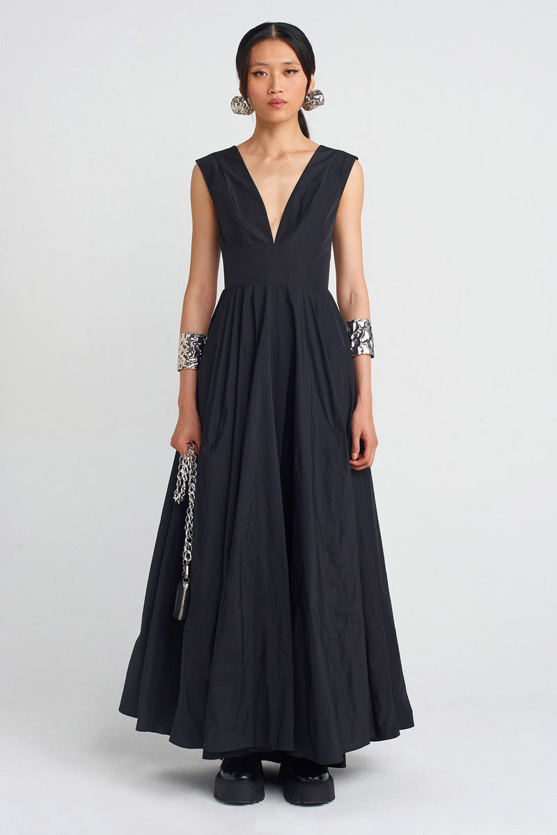 Nu V-Neck Taffeta Long Dress Black