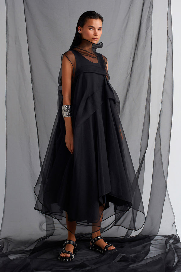 NU Pleated Organza Dress Black
