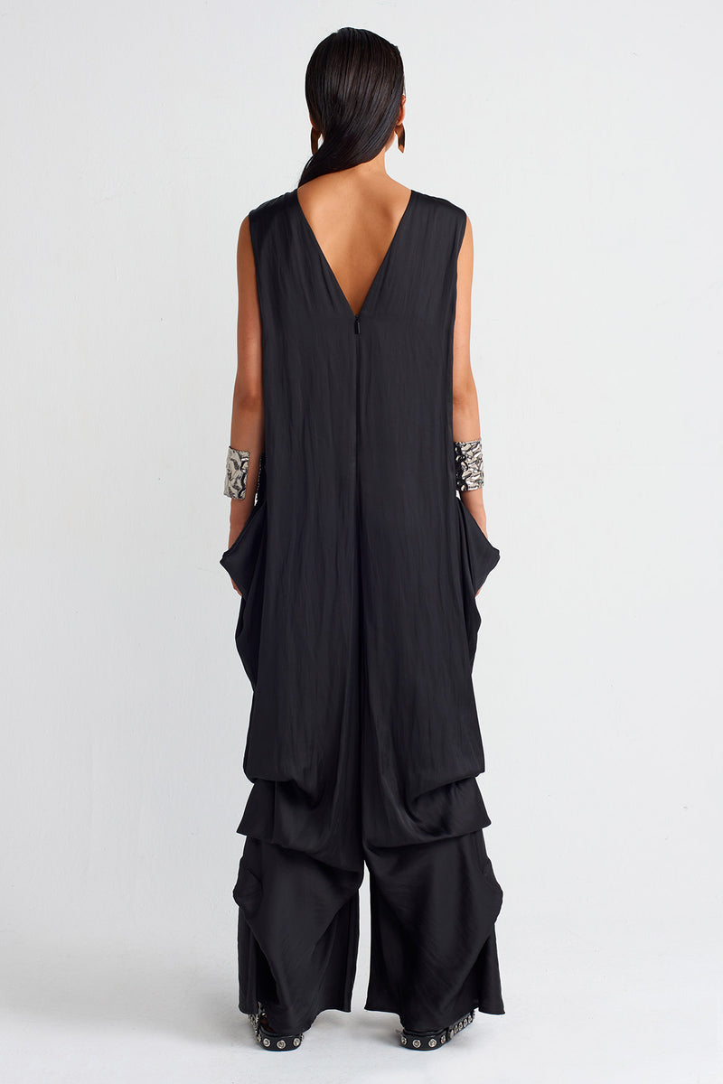 NU Pleated Satin Jumpsuit Black
