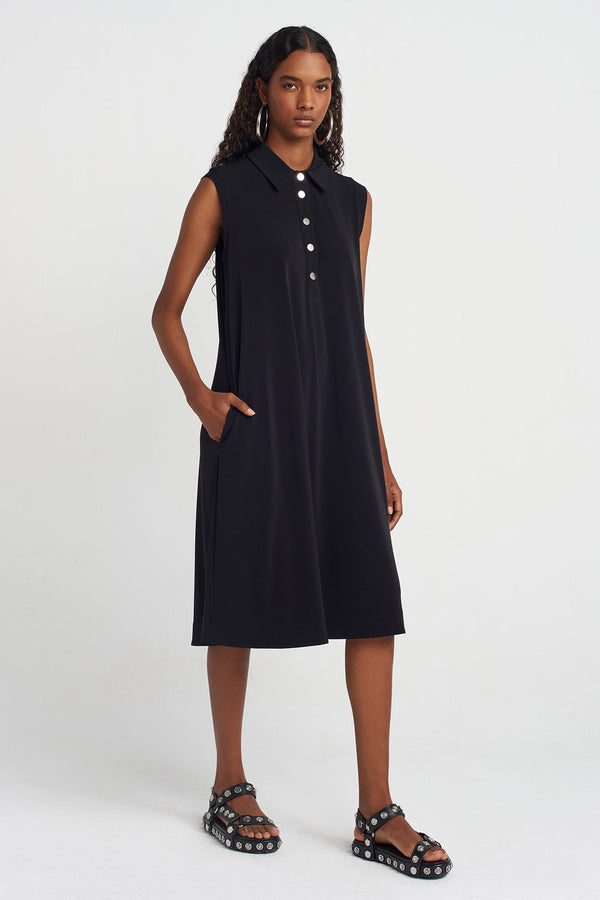 Nu Eyelet Jersey Shirt Collar Dress Black