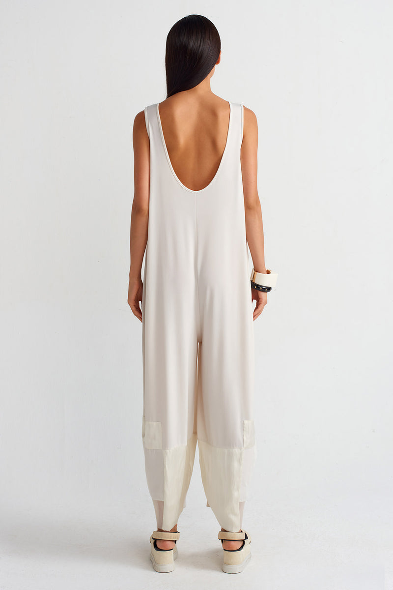NU Organza And Taffeta Striped Jersey Jumpsuit Ecru